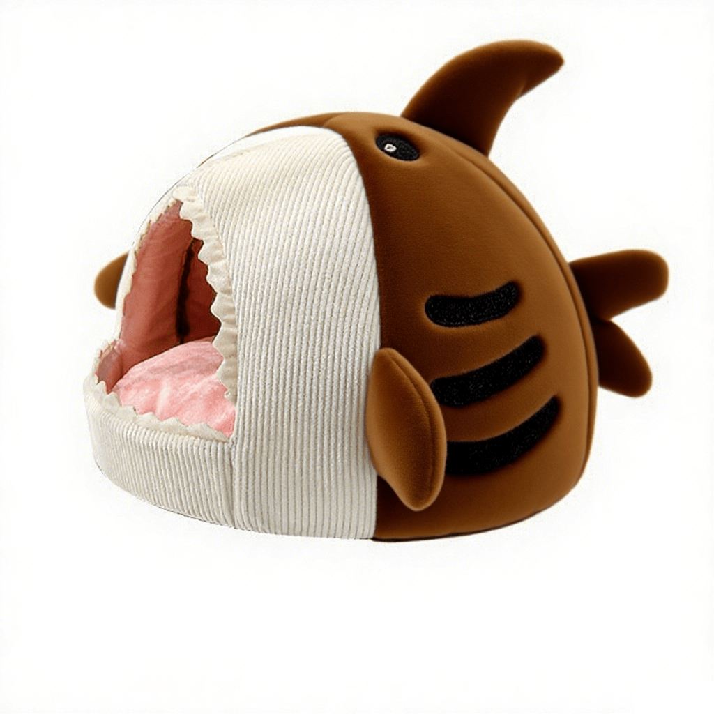 Blue shark-shaped enclosed pet bed nest made of soft polyester fabric for cats and small dogs.