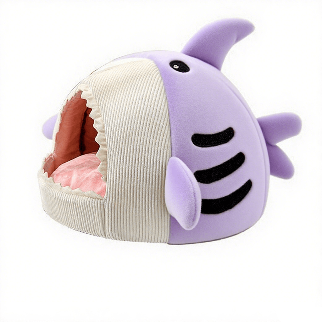 Blue shark-shaped enclosed pet bed nest made of soft polyester fabric for cats and small dogs.