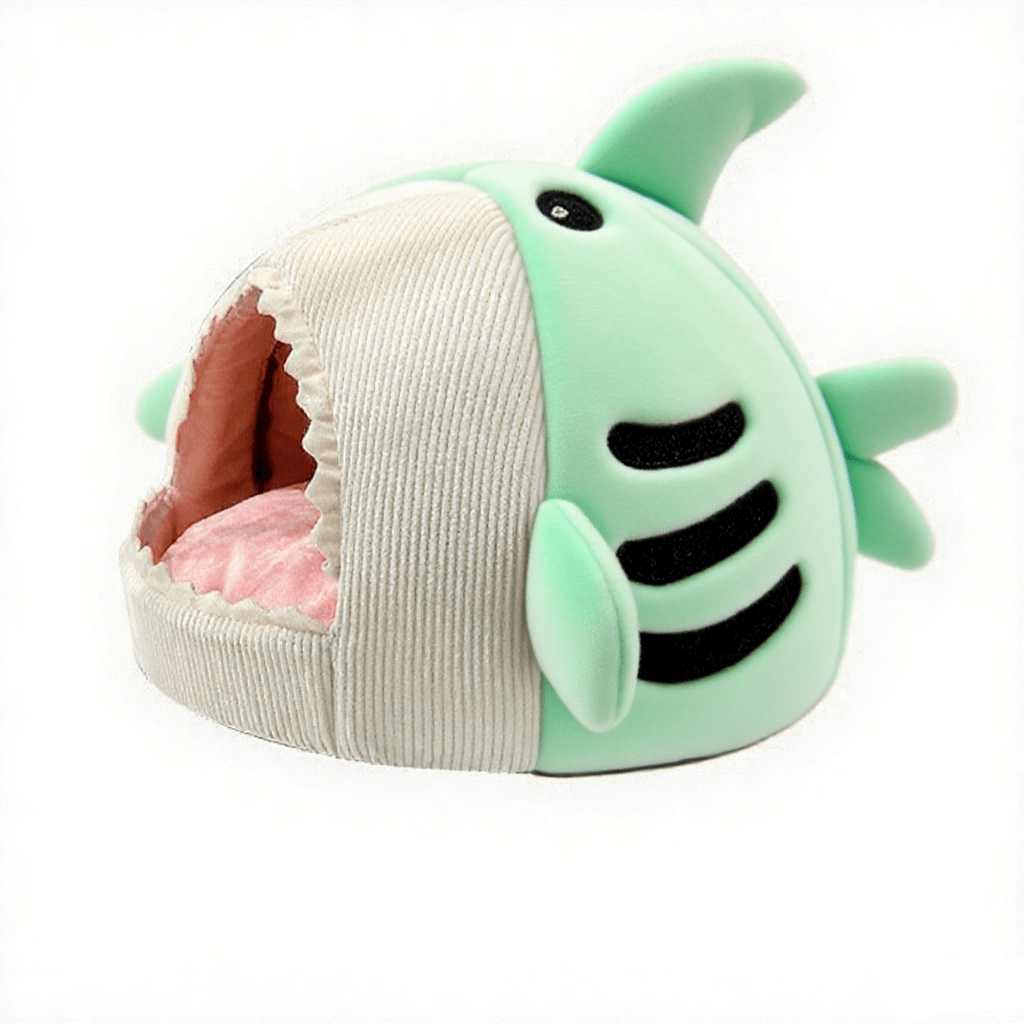 Blue shark-shaped enclosed pet bed nest made of soft polyester fabric for cats and small dogs.