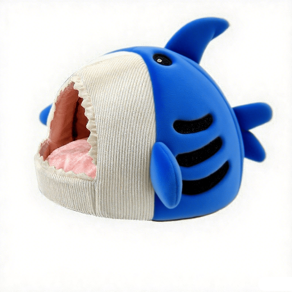 Blue shark-shaped enclosed pet bed nest made of soft polyester fabric for cats and small dogs.