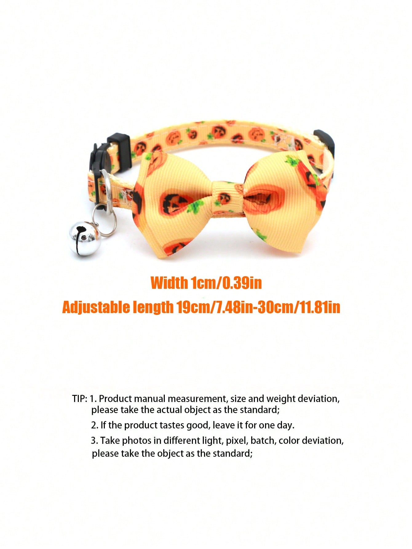 Adjustable multicolor Halloween pet collar with pumpkin pattern, bow, and bell for cats and dogs