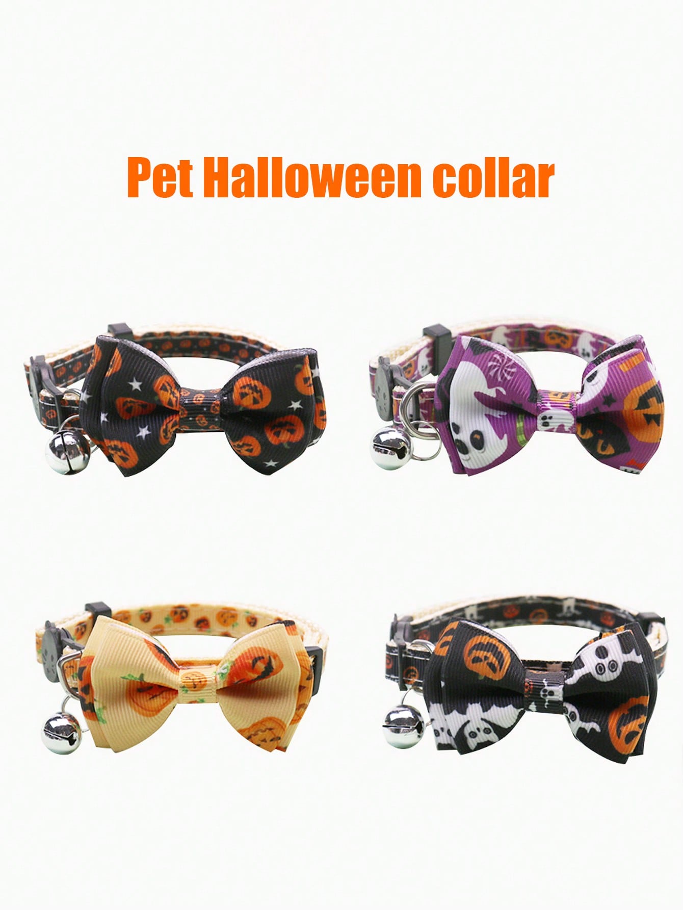 Adjustable multicolor Halloween pet collar with pumpkin pattern, bow, and bell for cats and dogs