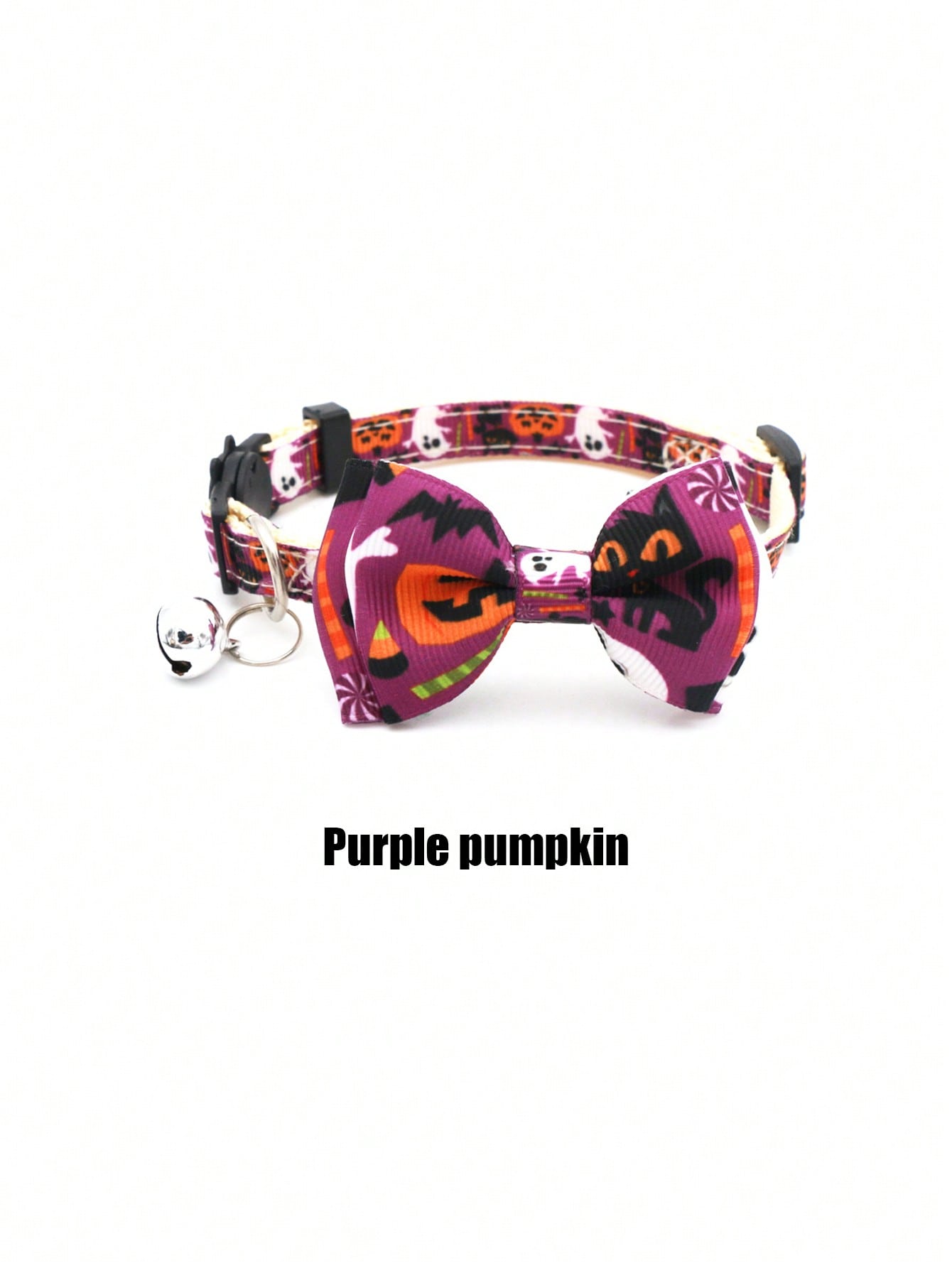 Adjustable multicolor Halloween pet collar with pumpkin pattern, bow, and bell for cats and dogs