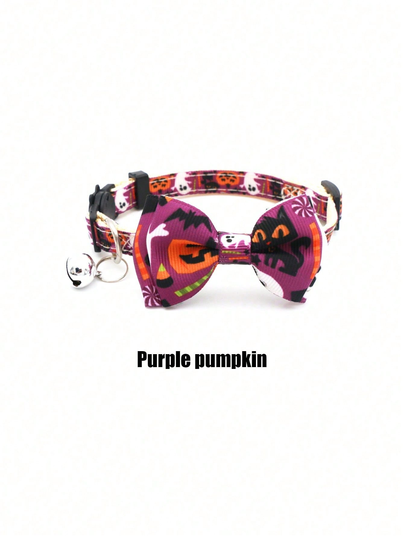 Adjustable multicolor Halloween pet collar with pumpkin pattern, bow, and bell for cats and dogs