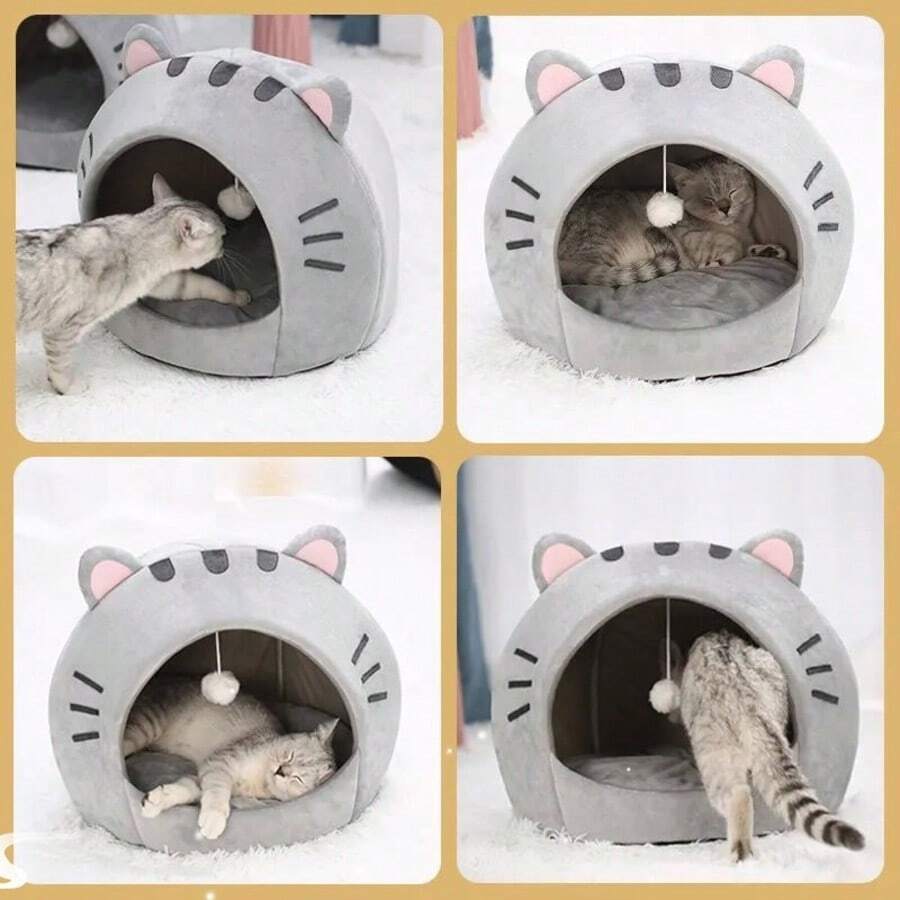 Multicolor soft cat bed sleeping basket with cartoon pattern fabric and polyester cushion filling for cats and dogs.