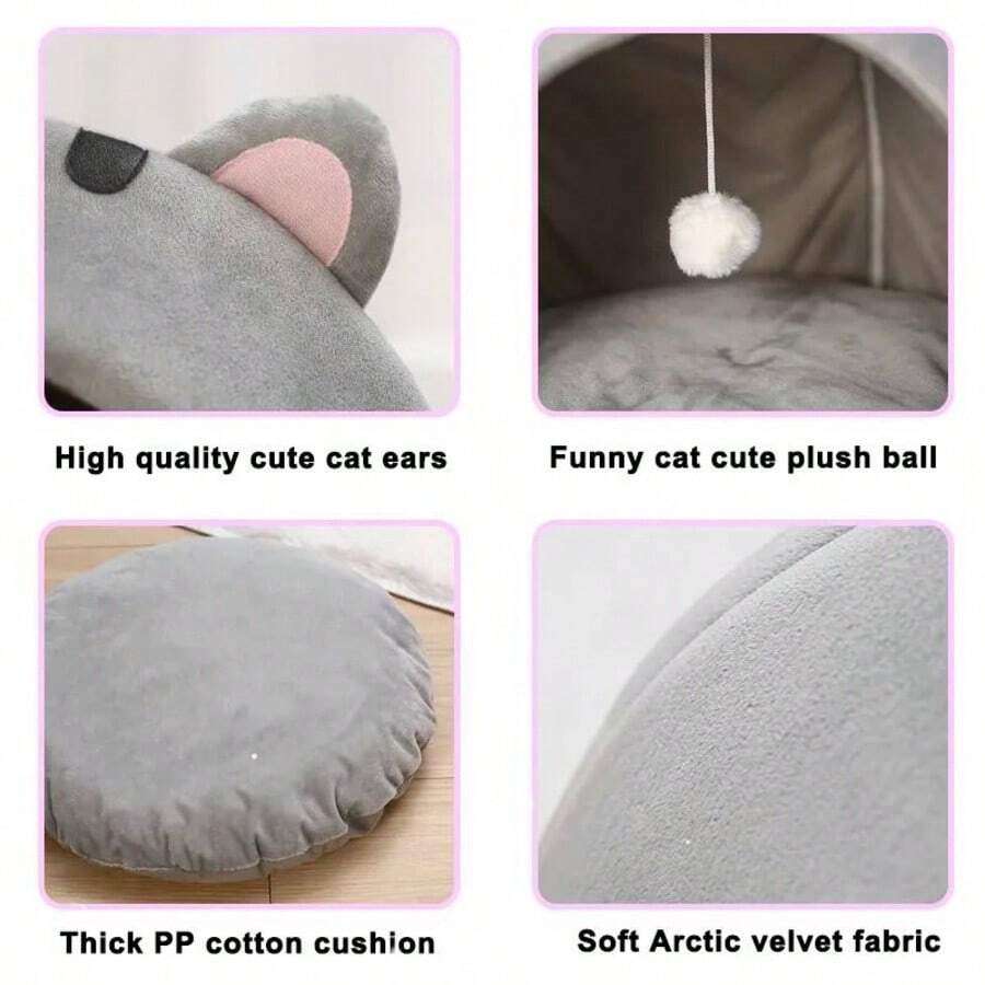Multicolor soft cat bed sleeping basket with cartoon pattern fabric and polyester cushion filling for cats and dogs.
