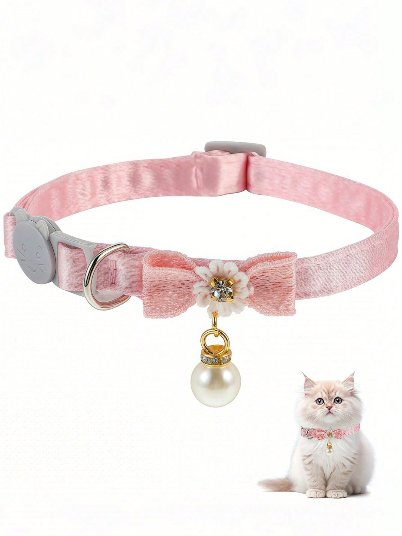Baby pink adjustable polyester cat collar with quick release clasp, pearl pendant, white bead detail, bow, and flower decoration for kittens and cats.
