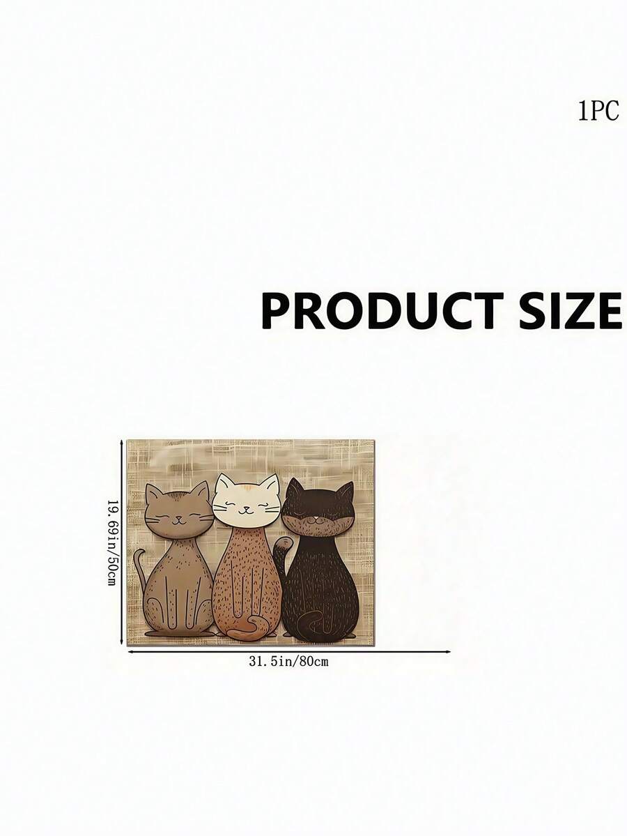 Multicolor geometric cats printed pet food mat with non-slip rubber backing placed under pet feeding bowls.