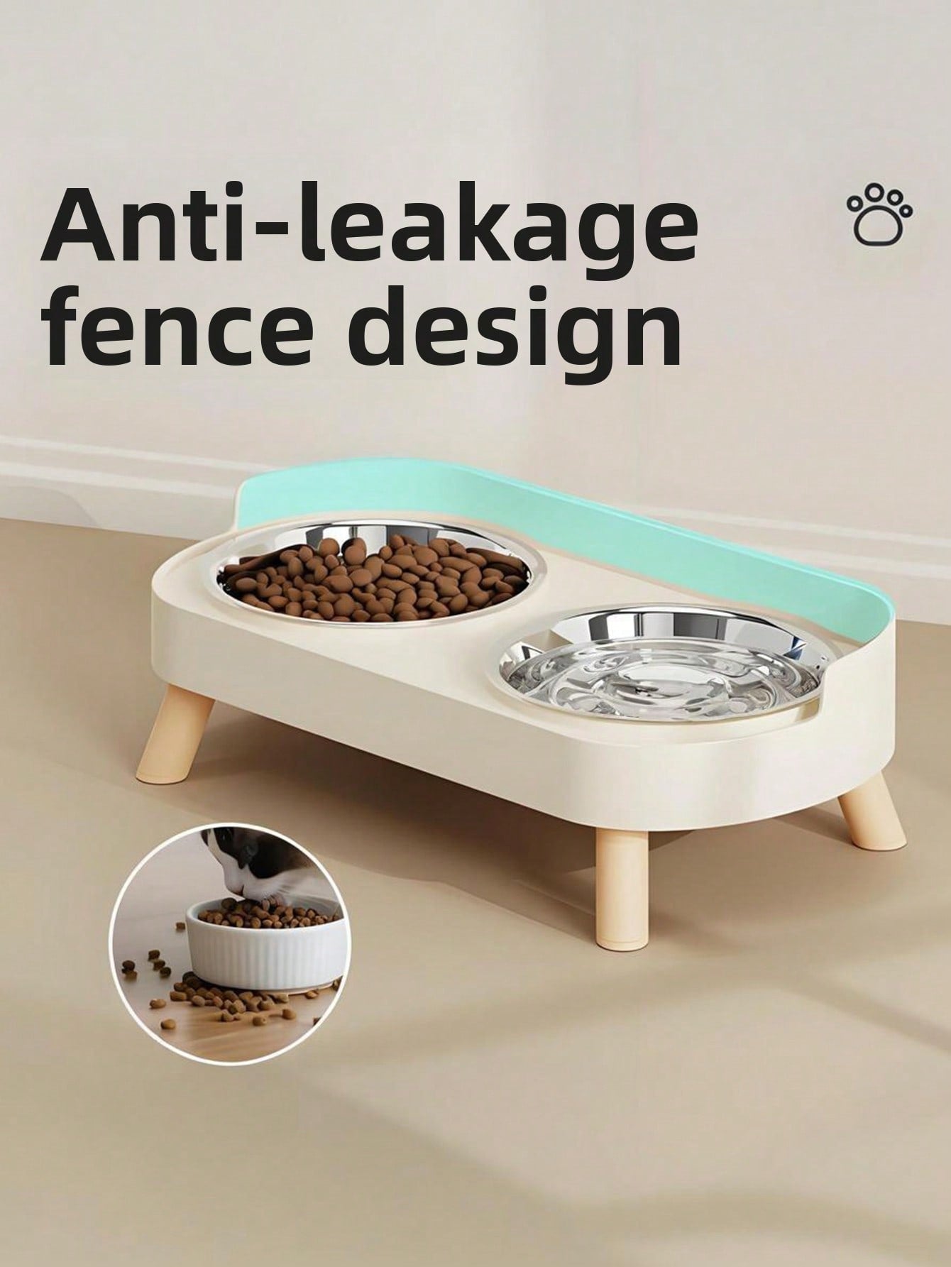 Elevated Stainless Steel/Plastic Pet Bowls Set With Stand, Dual Bowls For Small Dogs And Cats, With Splash Guard - Pet Feeder