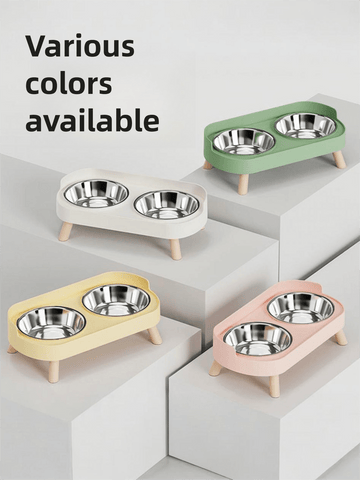 Elevated Stainless Steel/Plastic Pet Bowls Set With Stand, Dual Bowls For Small Dogs And Cats, With Splash Guard - Pet Feeder