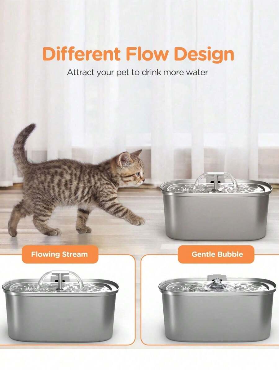 3.2L stainless steel automatic pet water fountain with built-in LED night light and USB power cord for dogs and cats.
