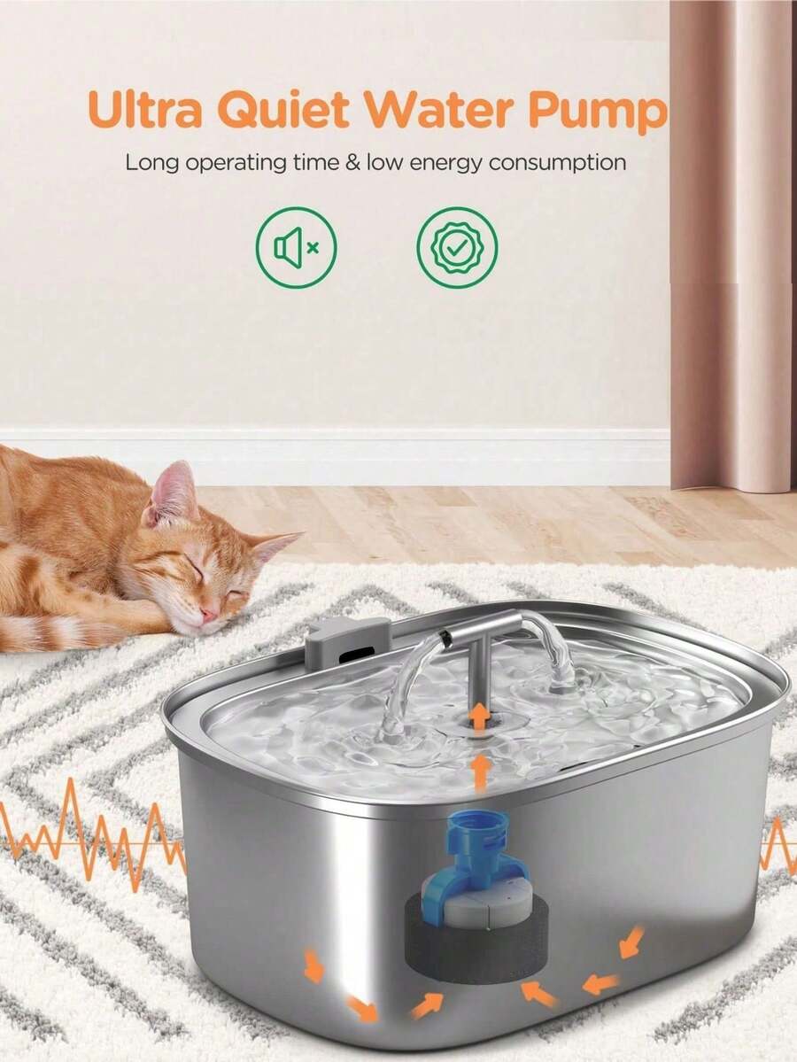 3.2L stainless steel automatic pet water fountain with built-in LED night light and USB power cord for dogs and cats.