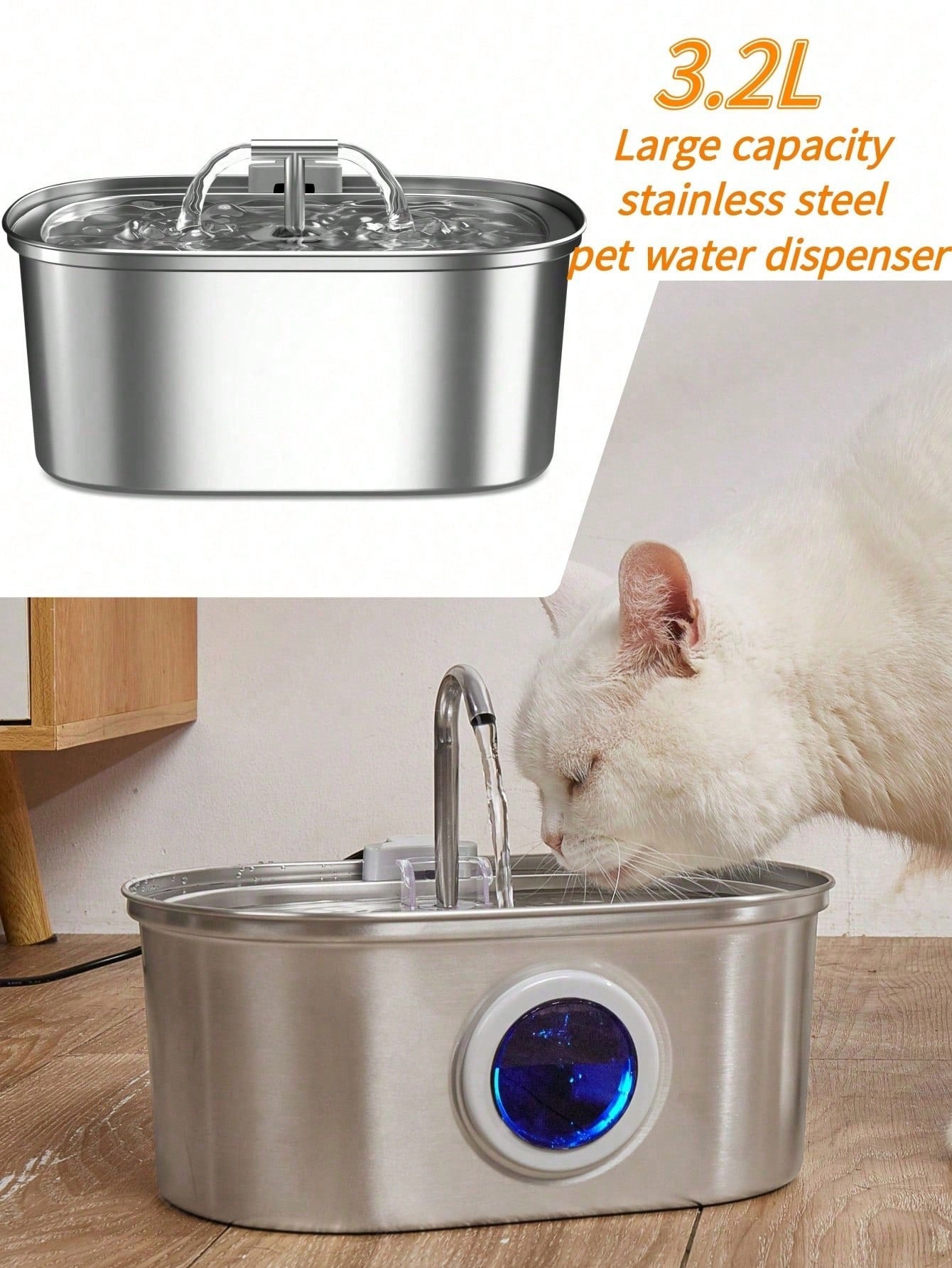 3.2L stainless steel automatic pet water fountain with built-in LED night light and USB power cord for dogs and cats.