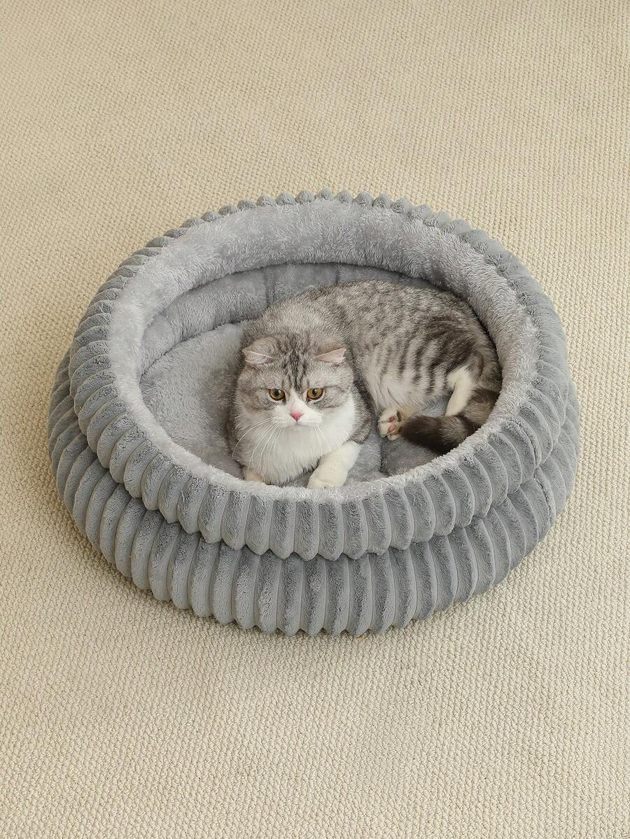Grey soft fabric cat nest bed filled with comfortable polyester for small, medium, and large cats.
