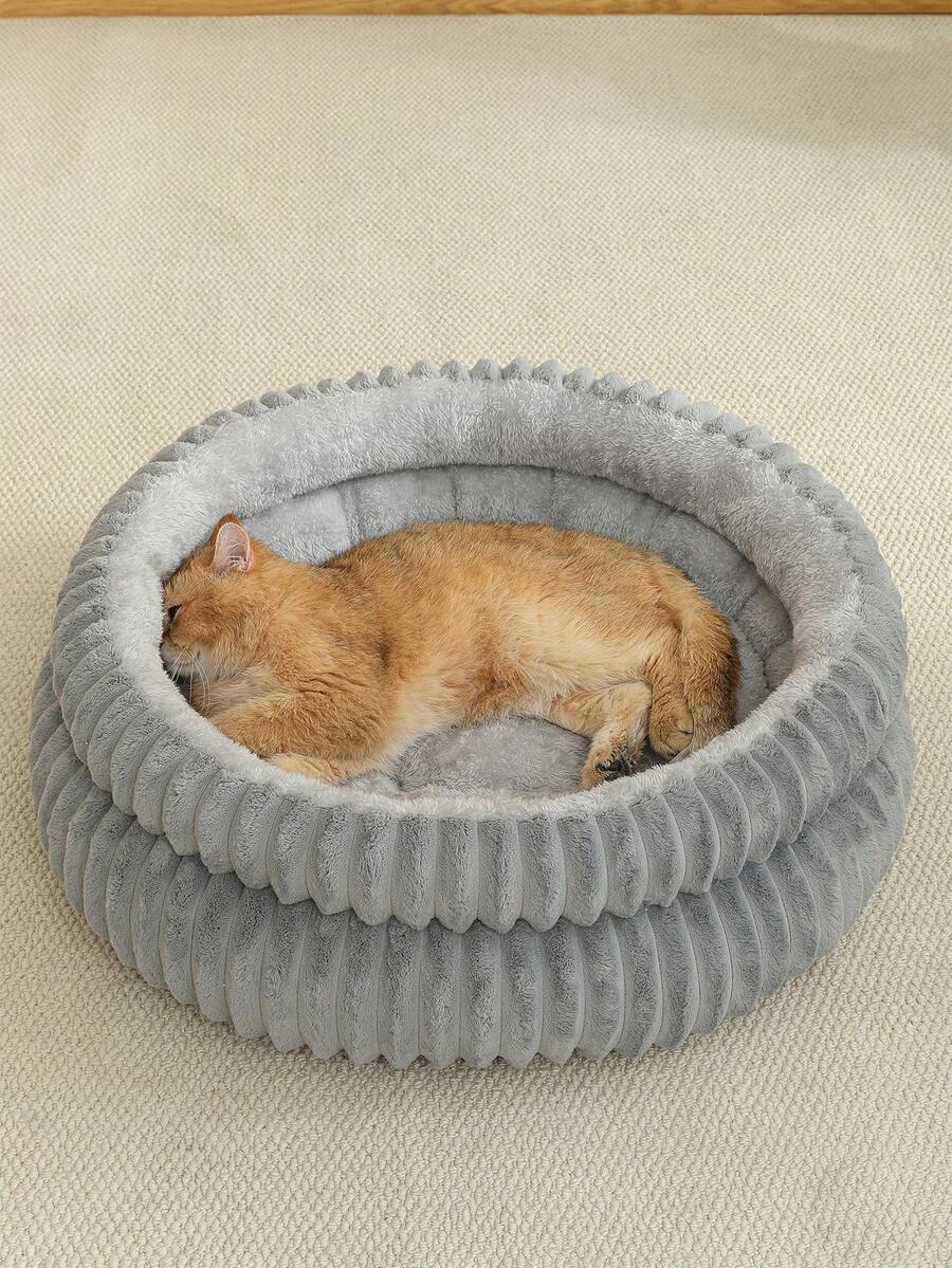 Grey soft fabric cat nest bed filled with comfortable polyester for small, medium, and large cats.