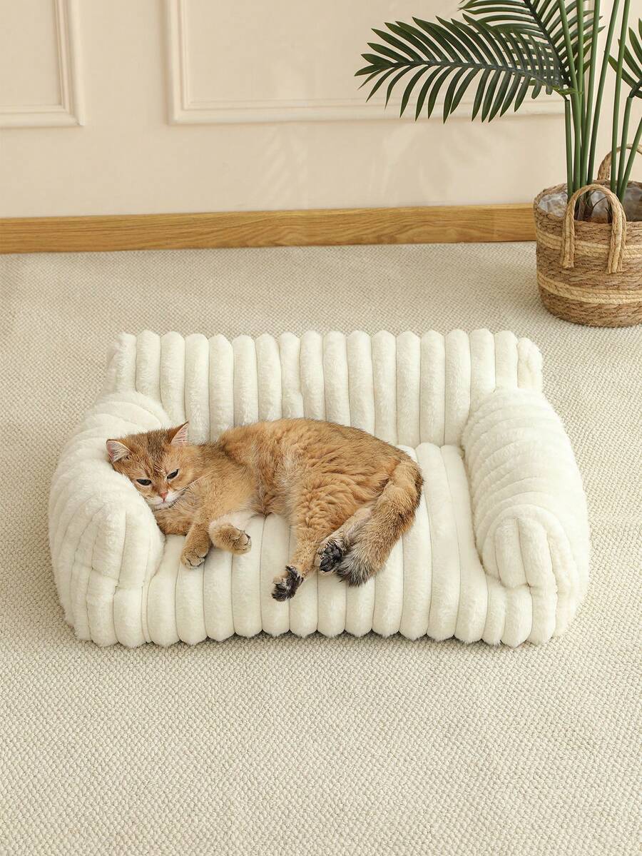 White plaid soft cat bed sofa with breathable fabric and plush filling for cats