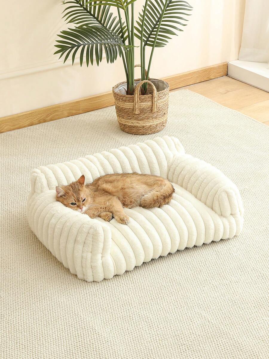 White plaid soft cat bed sofa with breathable fabric and plush filling for cats