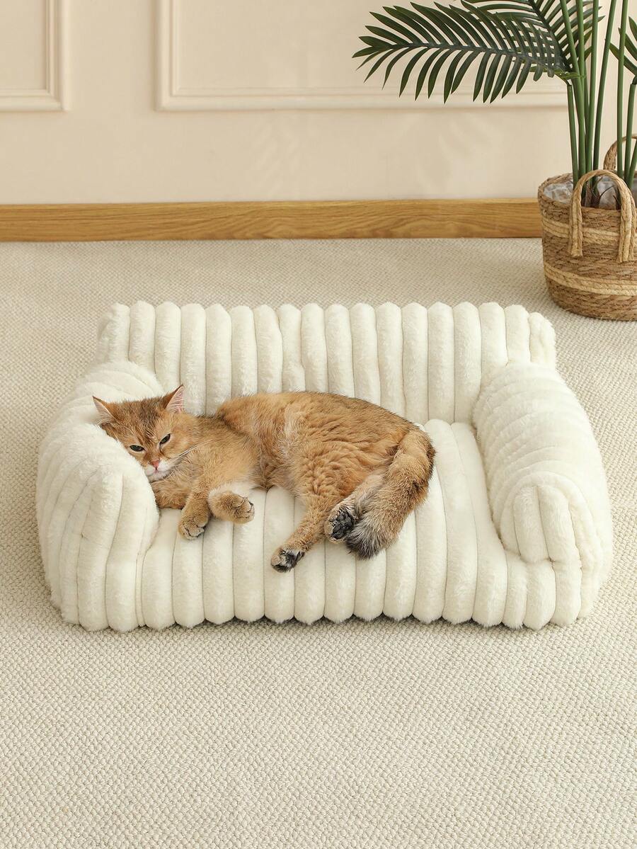 White plaid soft cat bed sofa with breathable fabric and plush filling for cats