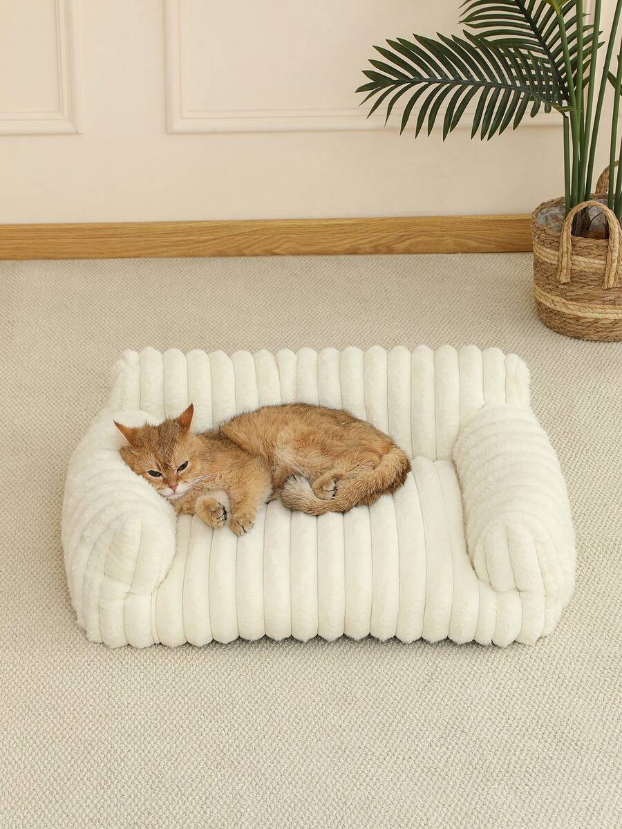 White plaid soft cat bed sofa with breathable fabric and plush filling for cats