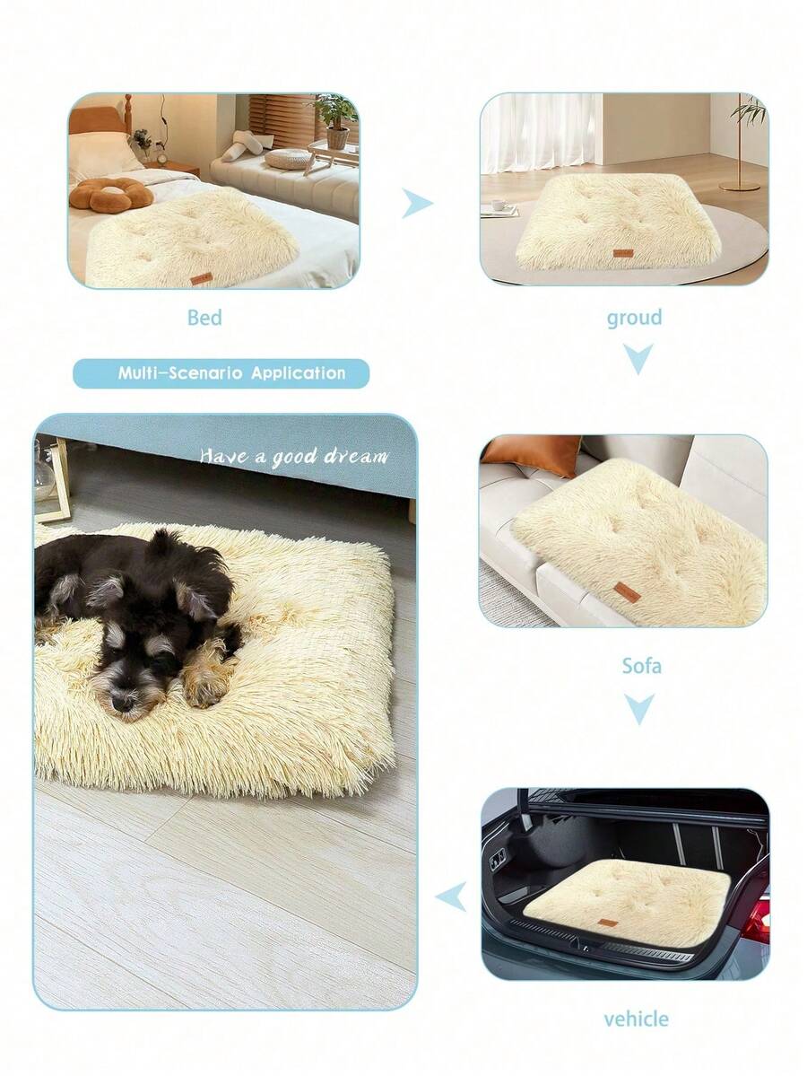 Washable dusty pink plush pet cage bed mat with cartoon pattern for dogs and cats featuring an anti-slip bottom.