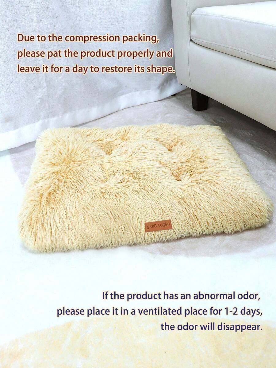 Washable dusty pink plush pet cage bed mat with cartoon pattern for dogs and cats featuring an anti-slip bottom.