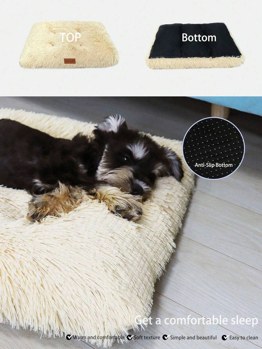 Washable dusty pink plush pet cage bed mat with cartoon pattern for dogs and cats featuring an anti-slip bottom.