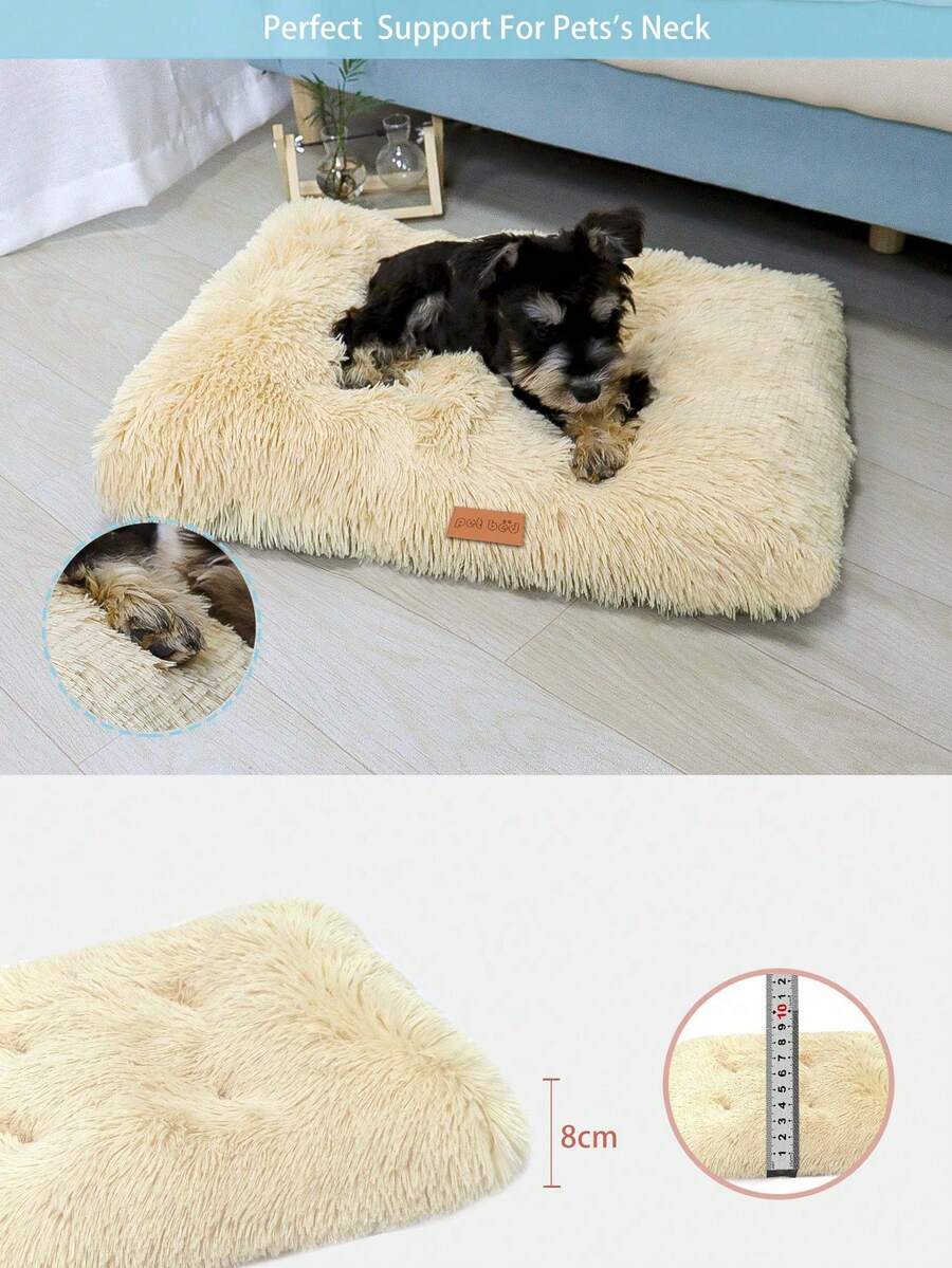 Washable dusty pink plush pet cage bed mat with cartoon pattern for dogs and cats featuring an anti-slip bottom.