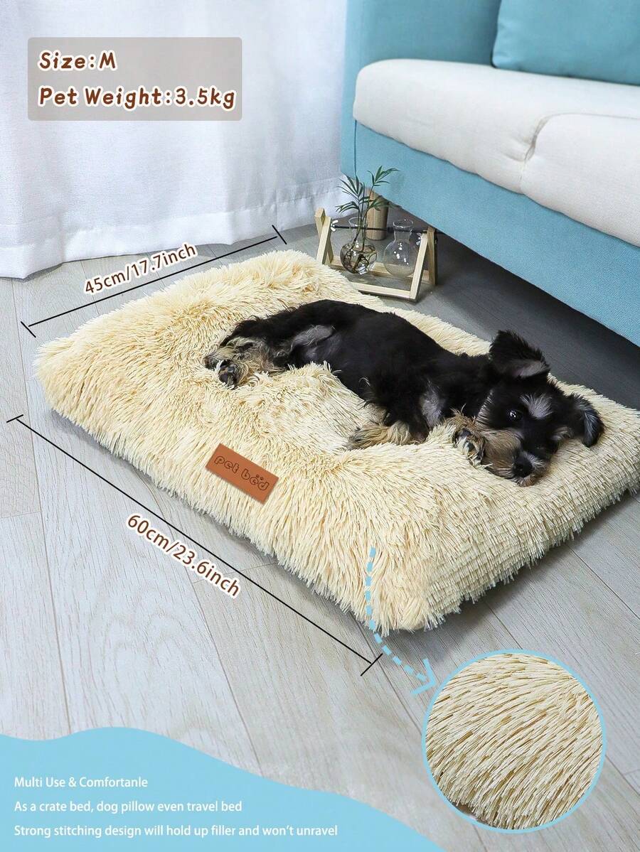 Washable dusty pink plush pet cage bed mat with cartoon pattern for dogs and cats featuring an anti-slip bottom.