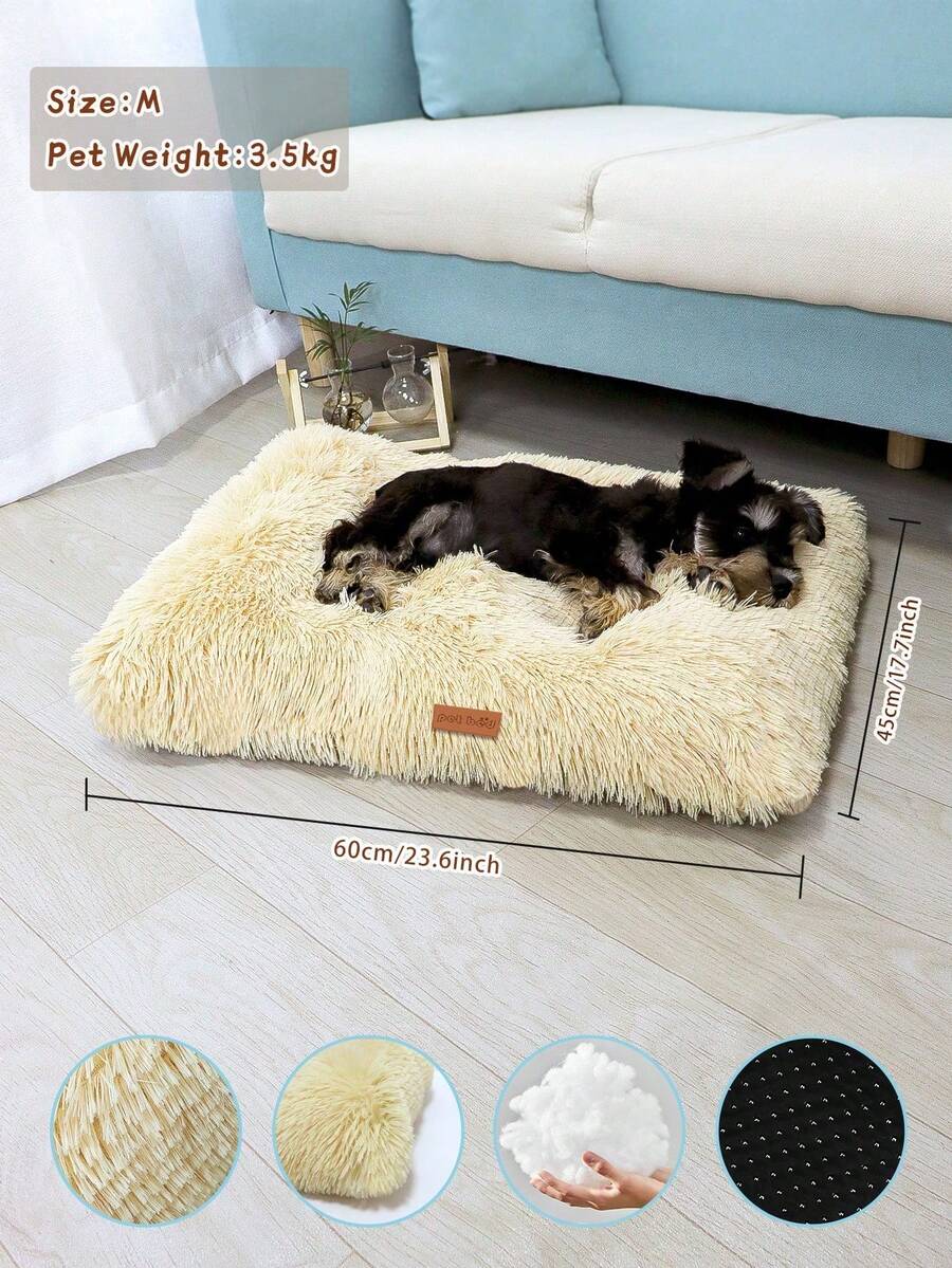 Washable dusty pink plush pet cage bed mat with cartoon pattern for dogs and cats featuring an anti-slip bottom.