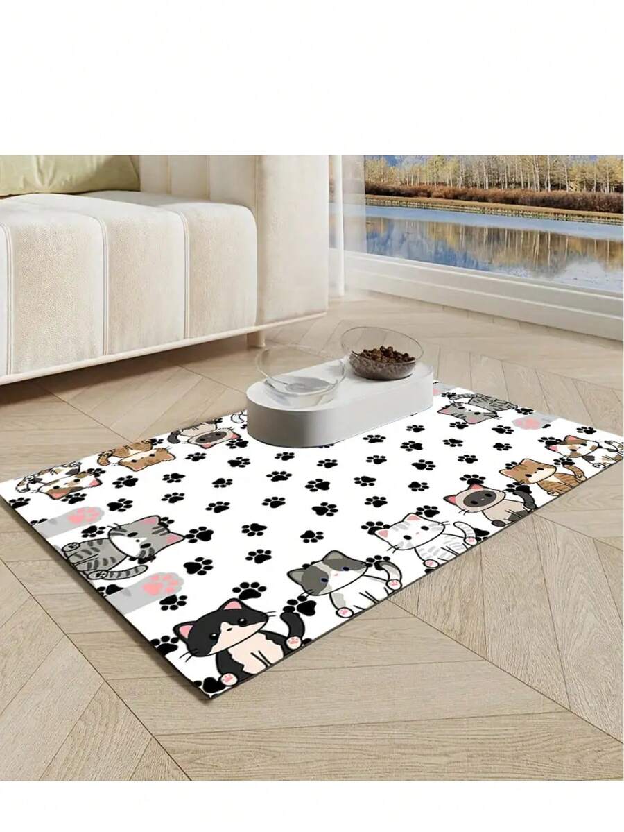 Multicolor polyester pet feeding mat featuring a cute cartoon cat pattern for dog or cat food bowls, quick-drying and water-absorbing.