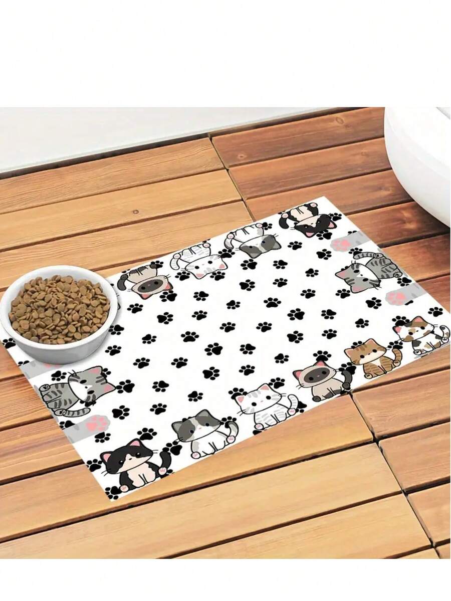 Multicolor polyester pet feeding mat featuring a cute cartoon cat pattern for dog or cat food bowls, quick-drying and water-absorbing.