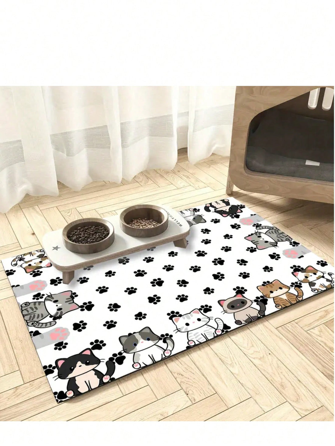 Multicolor polyester pet feeding mat featuring a cute cartoon cat pattern for dog or cat food bowls, quick-drying and water-absorbing.