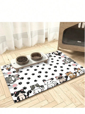 Multicolor polyester pet feeding mat featuring a cute cartoon cat pattern for dog or cat food bowls, quick-drying and water-absorbing.