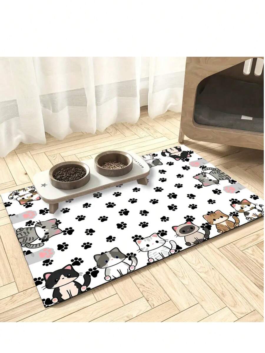 Multicolor polyester pet feeding mat featuring a cute cartoon cat pattern for dog or cat food bowls, quick-drying and water-absorbing.