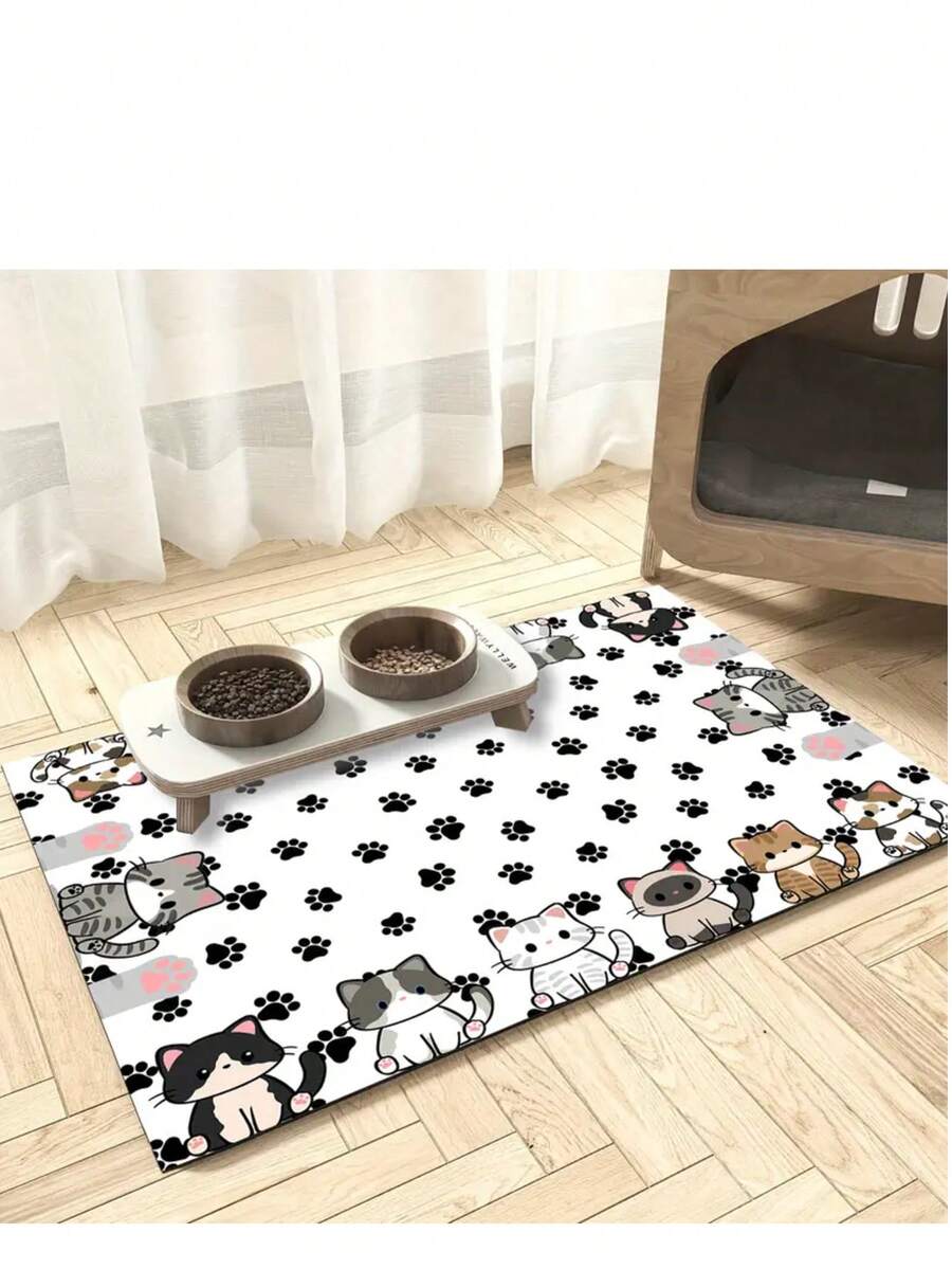 Multicolor polyester pet feeding mat featuring a cute cartoon cat pattern for dog or cat food bowls, quick-drying and water-absorbing.