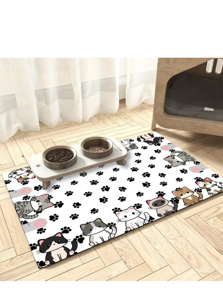 Multicolor polyester pet feeding mat featuring a cute cartoon cat pattern for dog or cat food bowls, quick-drying and water-absorbing.