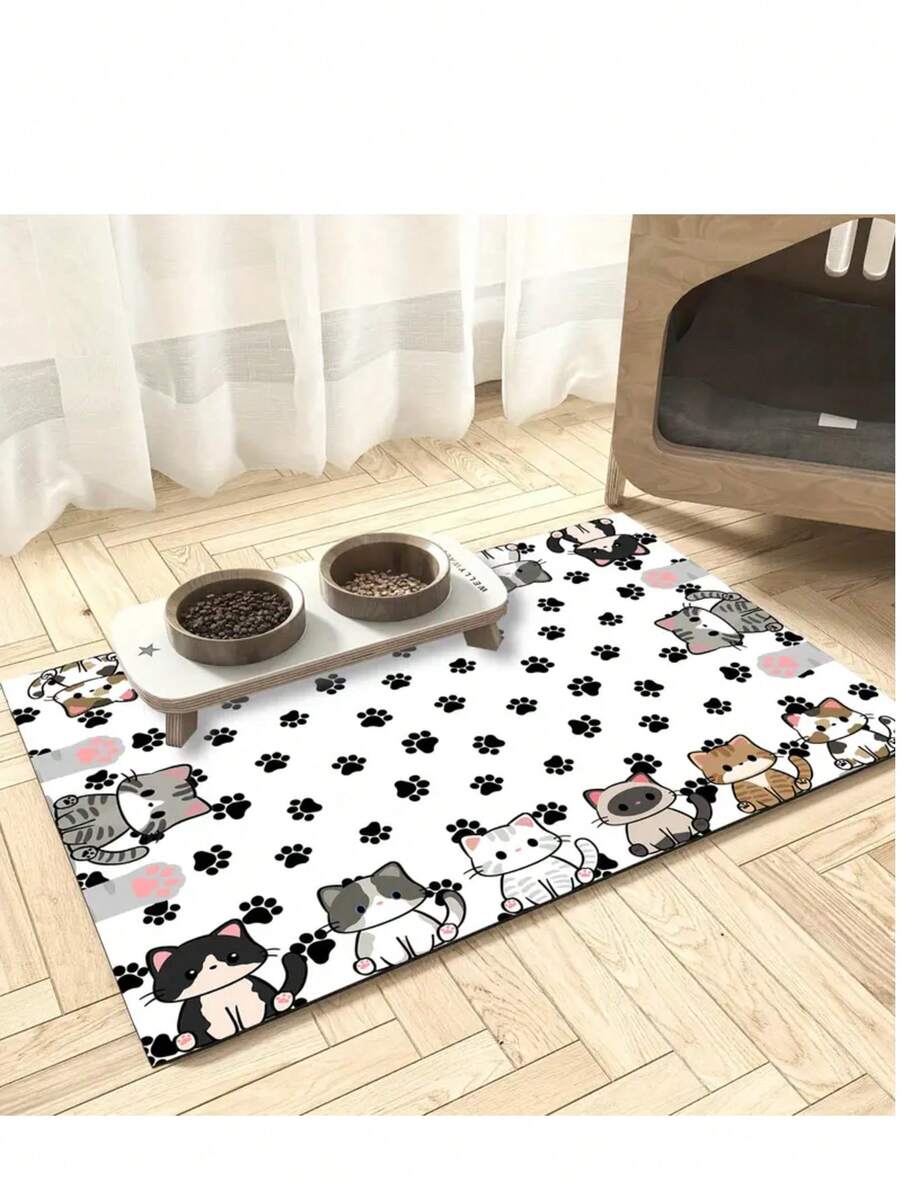 Multicolor polyester pet feeding mat featuring a cute cartoon cat pattern for dog or cat food bowls, quick-drying and water-absorbing.