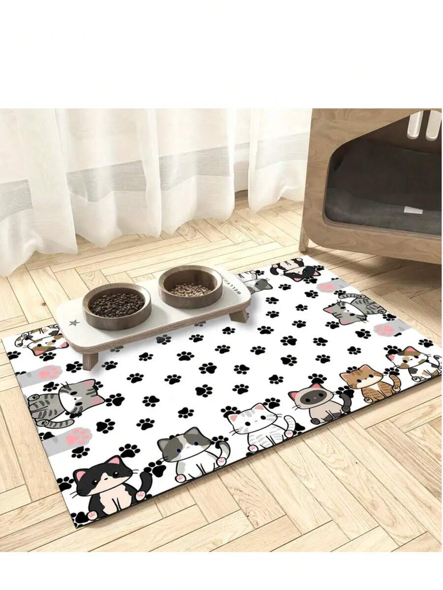 Multicolor polyester pet feeding mat featuring a cute cartoon cat pattern for dog or cat food bowls, quick-drying and water-absorbing.