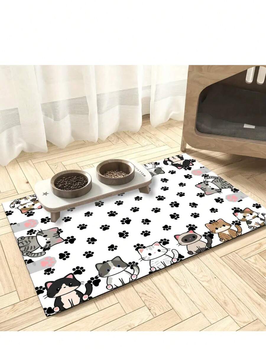 Multicolor polyester pet feeding mat featuring a cute cartoon cat pattern for dog or cat food bowls, quick-drying and water-absorbing.