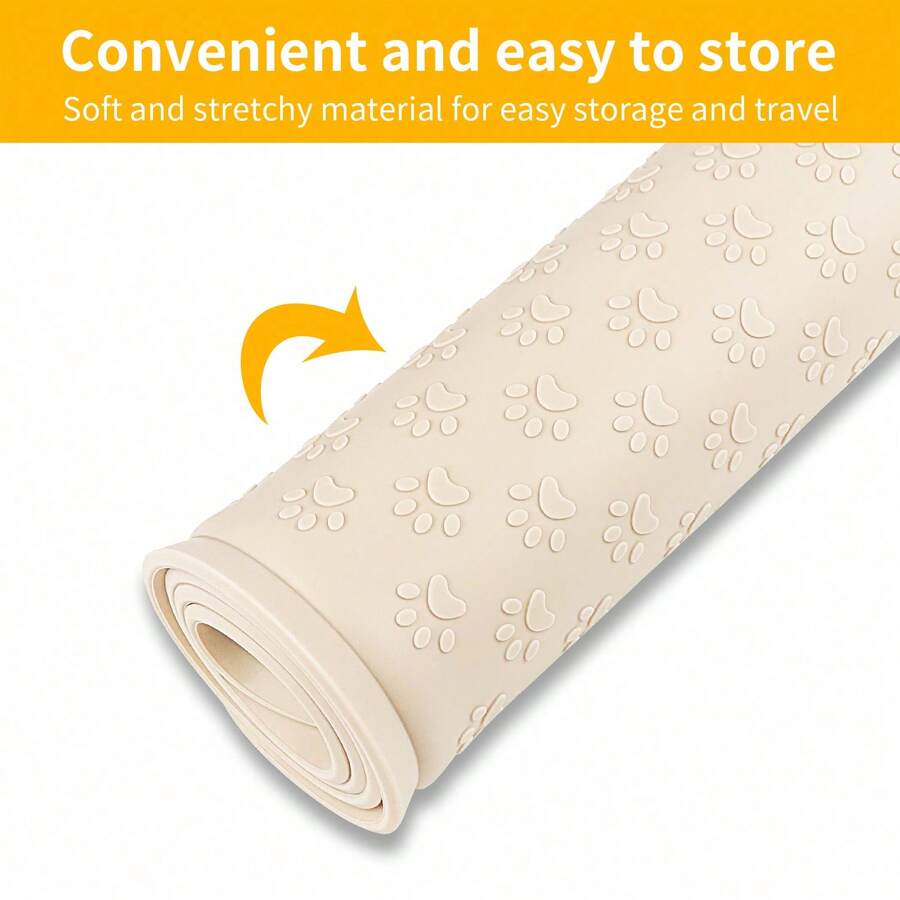 Beige silicone pet placemat with paw detail designed for cat and dog food and water bowls