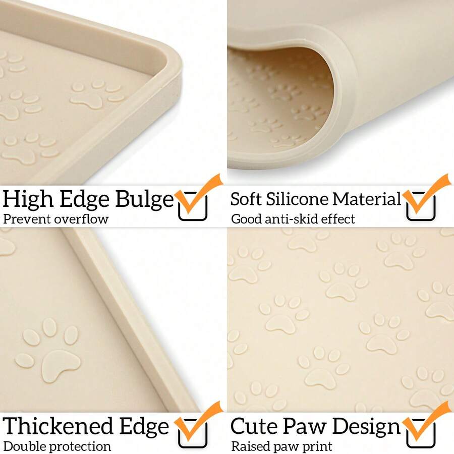 Beige silicone pet placemat with paw detail designed for cat and dog food and water bowls