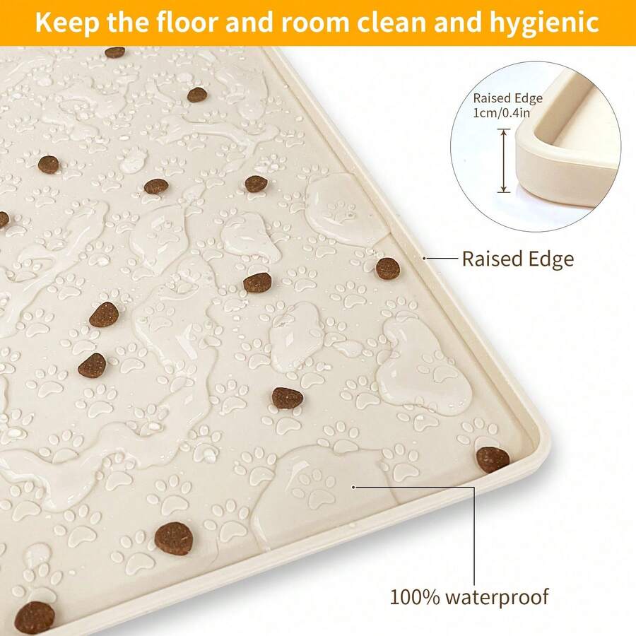 Beige silicone pet placemat with paw detail designed for cat and dog food and water bowls