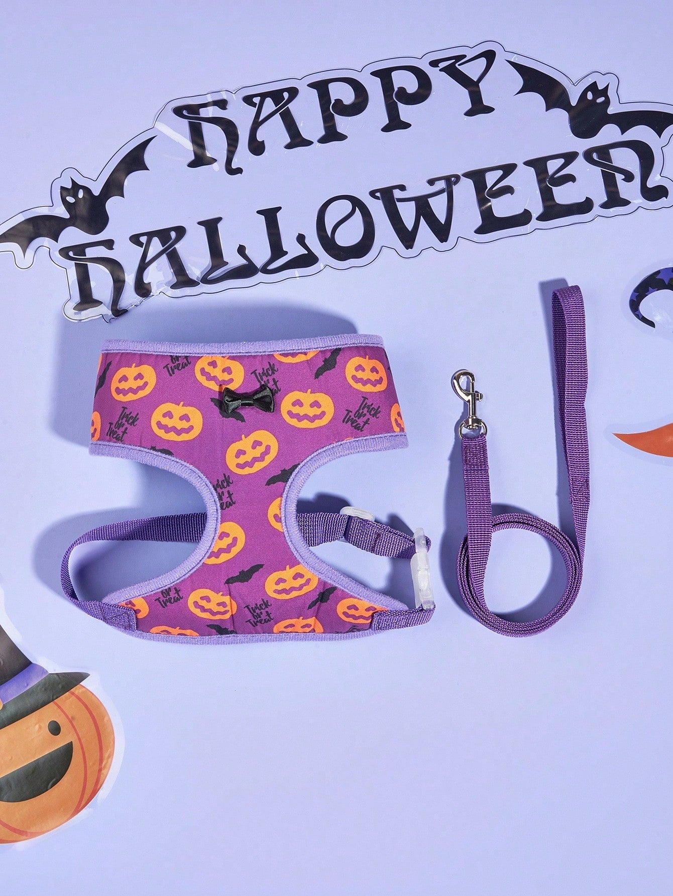 Purple Halloween pet collar and leash set with animal pattern for cats and dogs, made from polyester