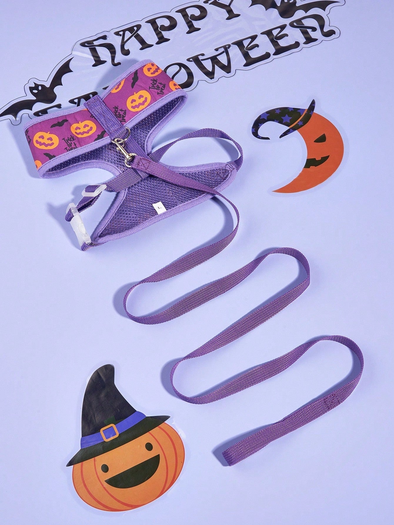 Purple Halloween pet collar and leash set with animal pattern for cats and dogs, made from polyester
