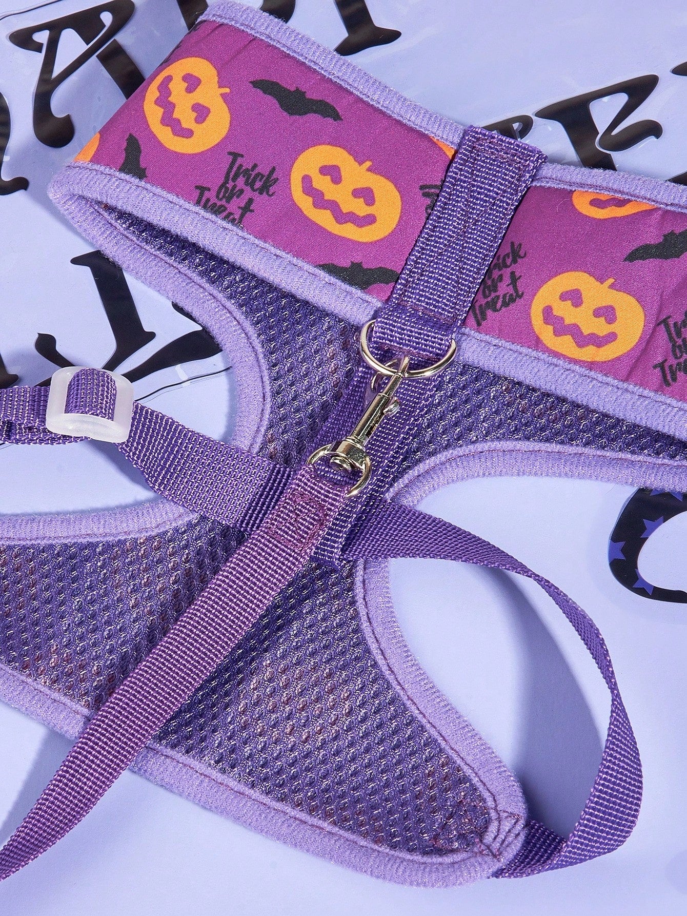 Purple Halloween pet collar and leash set with animal pattern for cats and dogs, made from polyester