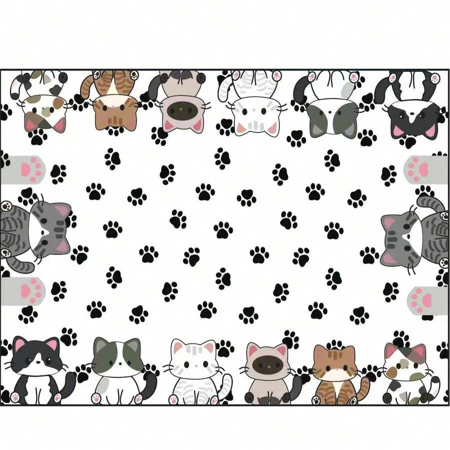 Multicolor polyester pet feeding mat featuring a cute cartoon cat pattern for dog or cat food bowls, quick-drying and water-absorbing.