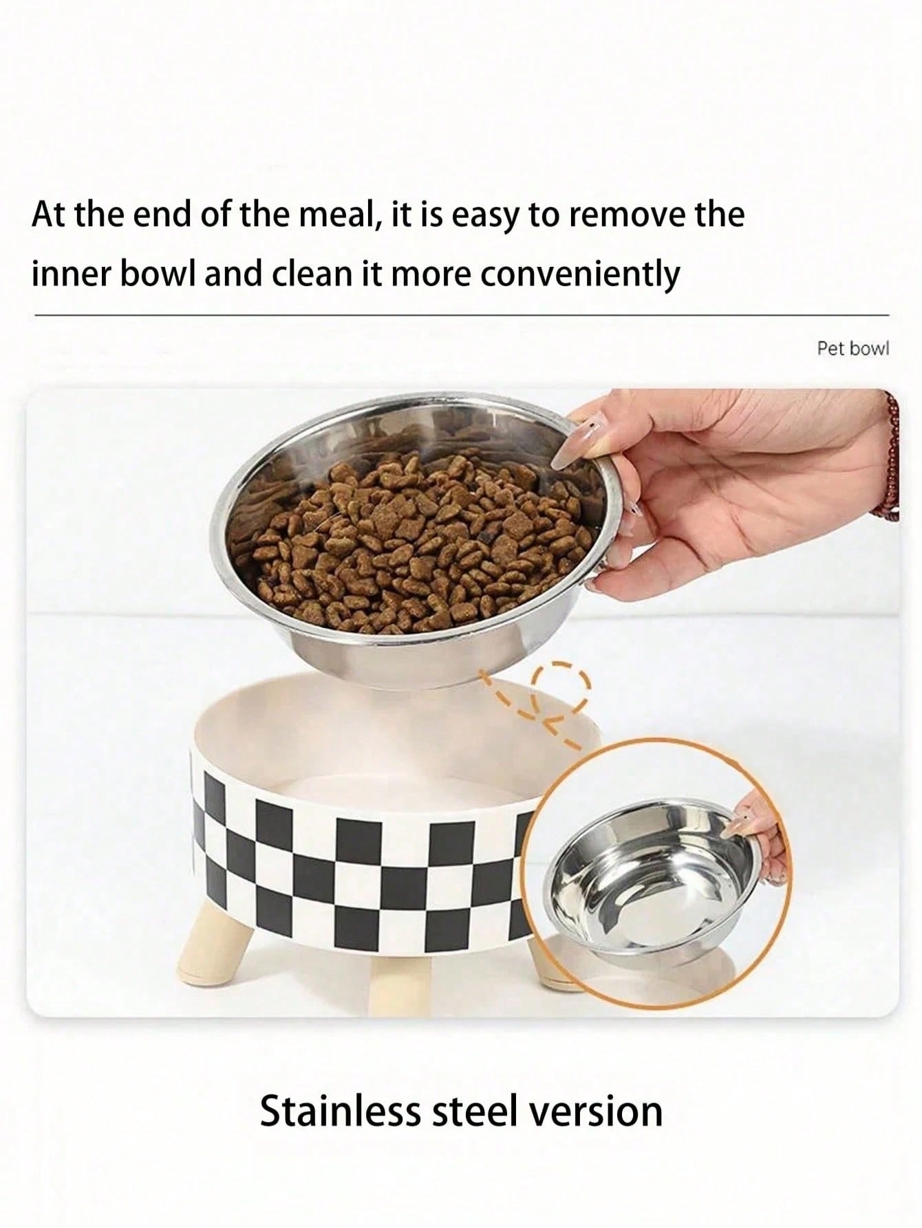 1-Piece Premium Stainless Steel And Plastic Pet Bowl - White Checkered Design - Suitable For Cats - Easy To Install, Super Easy To Clean, Durable - Let Your Beloved Pet Enjoy Fun And Stylish Mealtimes!