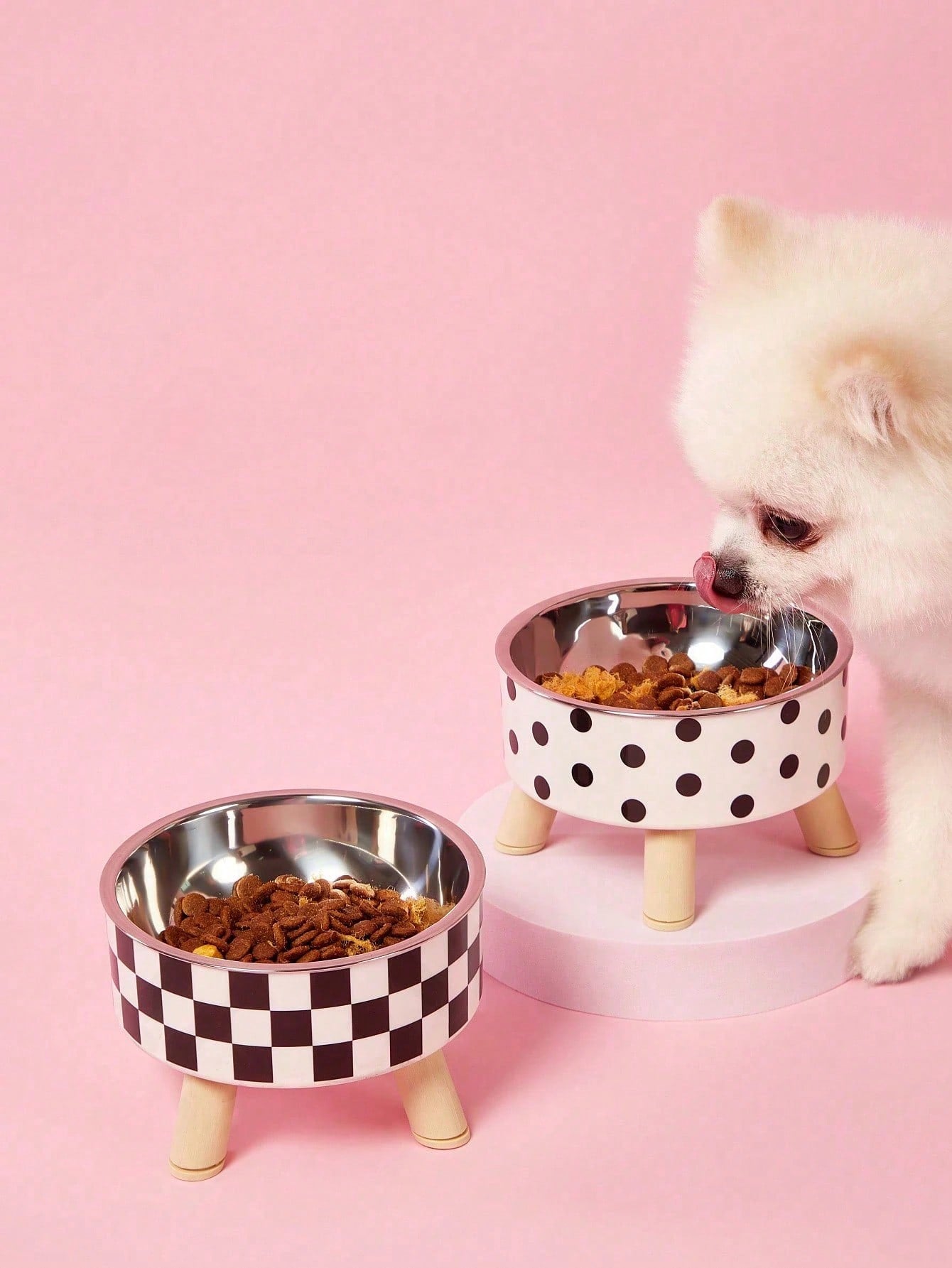 1-Piece Premium Stainless Steel And Plastic Pet Bowl - White Checkered Design - Suitable For Cats - Easy To Install, Super Easy To Clean, Durable - Let Your Beloved Pet Enjoy Fun And Stylish Mealtimes!