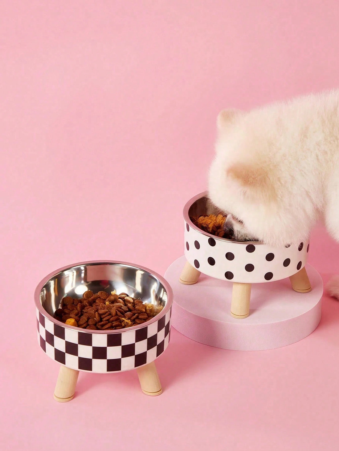 1-Piece Premium Stainless Steel And Plastic Pet Bowl - White Checkered Design - Suitable For Cats - Easy To Install, Super Easy To Clean, Durable - Let Your Beloved Pet Enjoy Fun And Stylish Mealtimes!