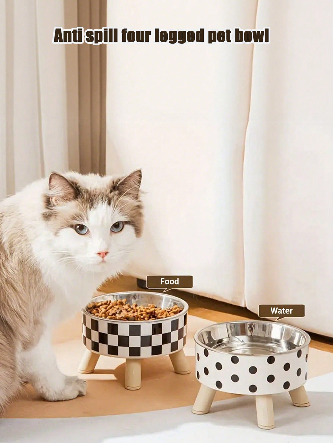1-Piece Premium Stainless Steel And Plastic Pet Bowl - White Checkered Design - Suitable For Cats - Easy To Install, Super Easy To Clean, Durable - Let Your Beloved Pet Enjoy Fun And Stylish Mealtimes!